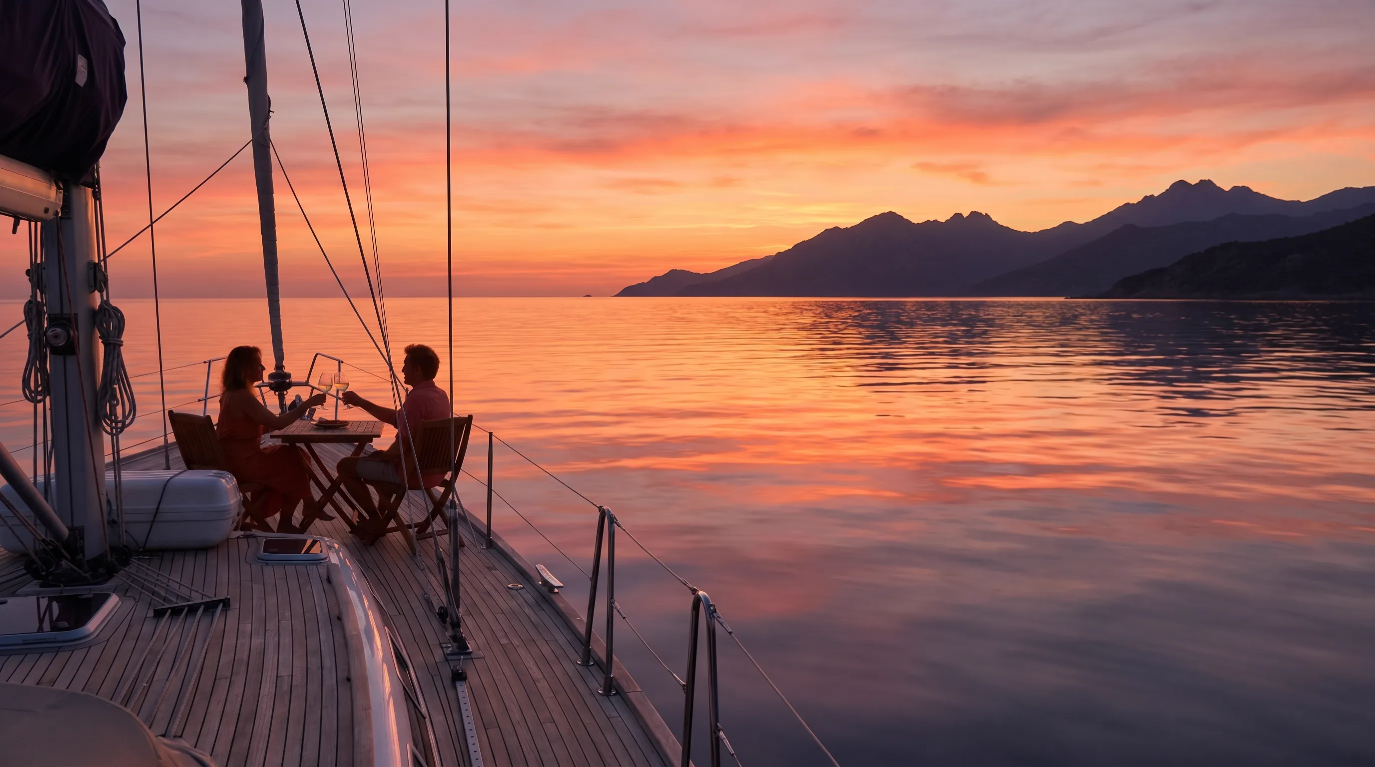 Coucher de soleil depuis un bateau dans le golfe du Valinco