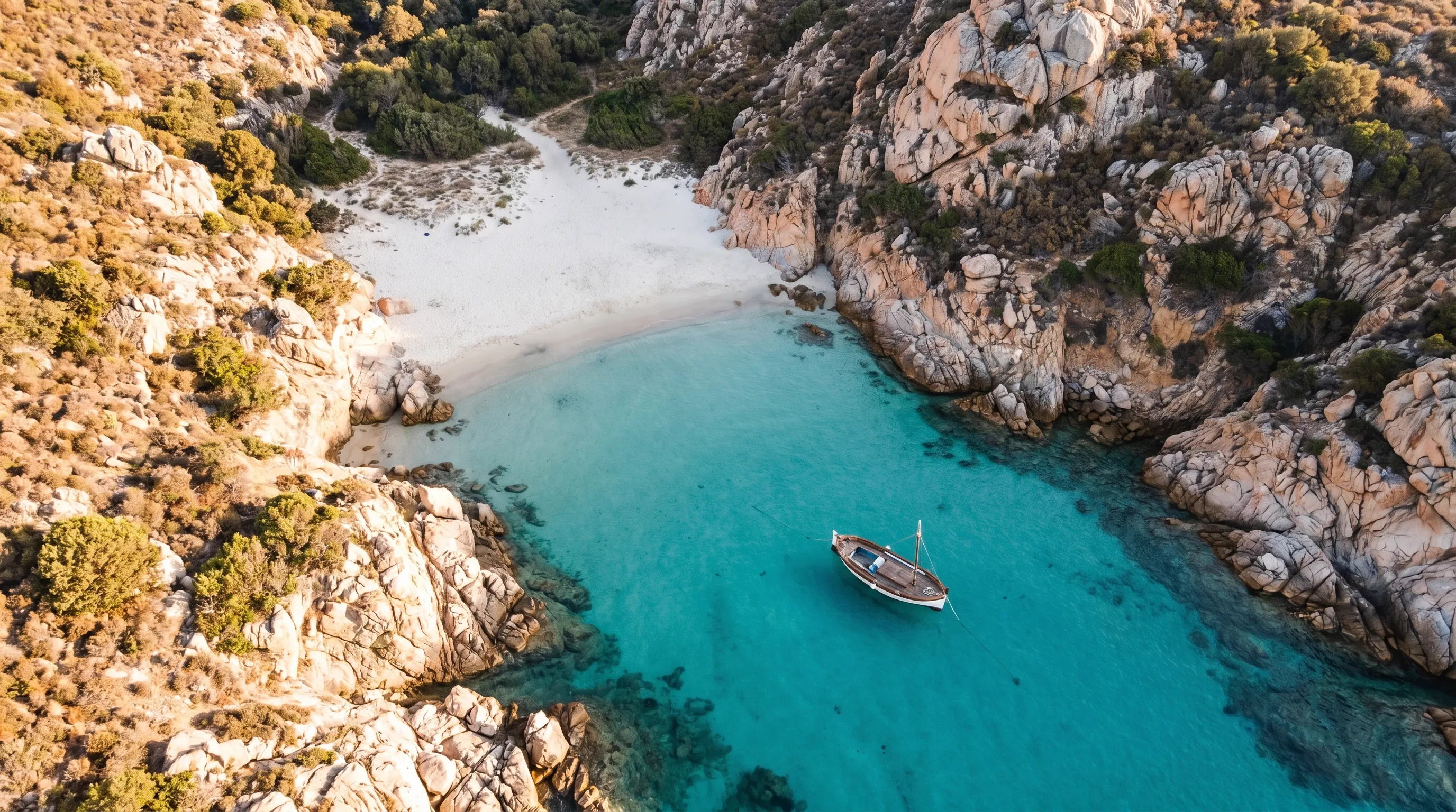 Calanque turquoise dans le golfe du Valinco vue depuis la mer